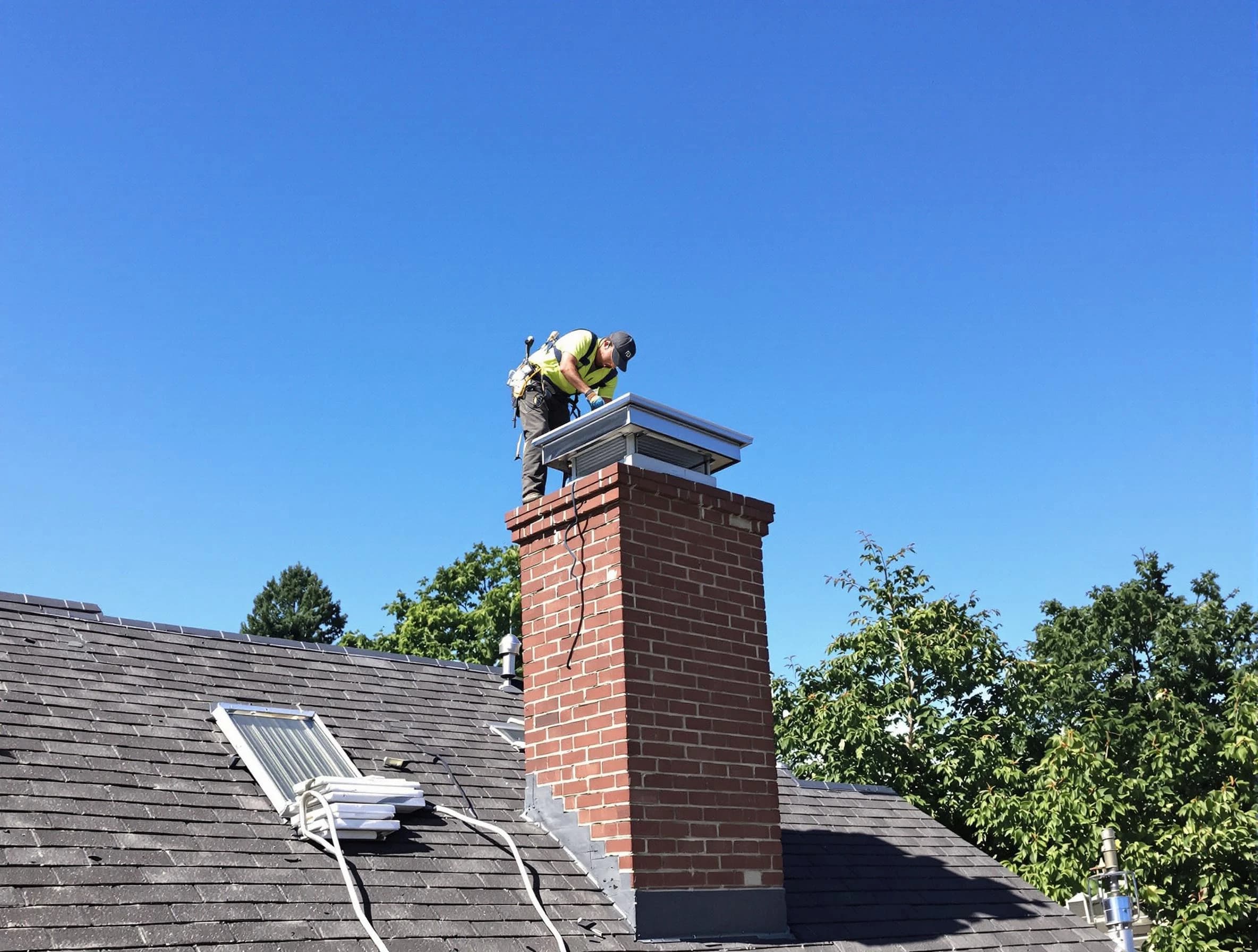 Lacey Chimney Sweep technician measuring a chimney cap in Lacey, NJ